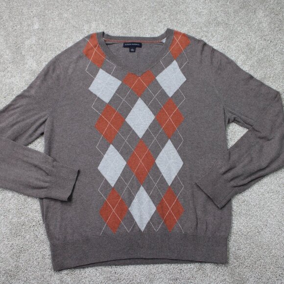 Banana Republic Sweater Men Large Brown Argyle V-Neck Cotton/Nylon/Wool/Cashmere - Picture 1 of 14